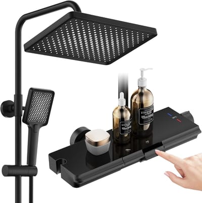 Douchesysteem met thermostaat en glazen legplank, zwart, 30 x 20 cm grote hoofddouche, regendouche en 3 straalsoorten, handdouche, 2 pianoknoppen, complete set, douchegarnituur met