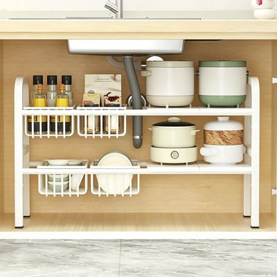 2 etages keukenkast organizer, wit, 4 rebounds en 4 manden | Plank onder de wastafel, voor gootsteenkasten, voor badkamer en keuken, voor slaapkamer