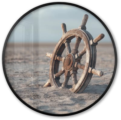 Poster in lijst Rond - Fotolijst 60x60 cm - Posters - Scheepsstuur - Hout - Bruin - Zand - Ronde posterlijst zwart - Decoratie - Wanddecoratie woonkamer - Muurdecoratie slaapkamer