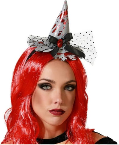 Halloween heksenhoed - mini hoedje op diadeem - one size - zilver/bloed - meisjes/dames