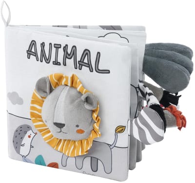 Babyboek – Baby stoffen boek - stoffen boeken voor baby's met dierenthema - voelboek - knisperboek - speelgoedboek 6 maanden – Leeuw