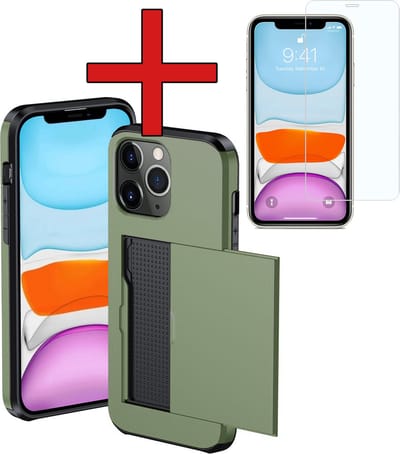 Hoesje Geschikt voor iPhone 11 Pro Hoesje Met Pasjeshouder Hard Case Met Kaarthouder Met Screenprotector - Hoes Geschikt voor iPhone 11 Pro Hoesje Pashouder Case - Donkergroen