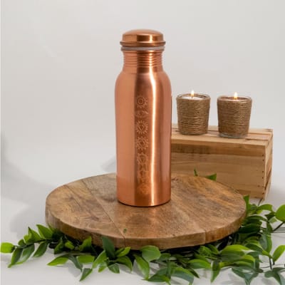 Puur koperen waterfles 7 chakra’s mat finish ± 750 ml/245 g (in luxe geschenkverpakking)