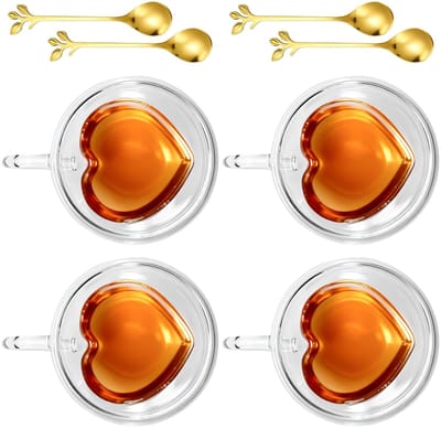 Dailygoods- Cappuccinokopjes 240 ml - Set van 4 - Dubbelwandige Glazen - Hittebestendig Borosilicaatglas - Hartvormig Design - Vaatwasmachinebestendig - Koffiekopjes