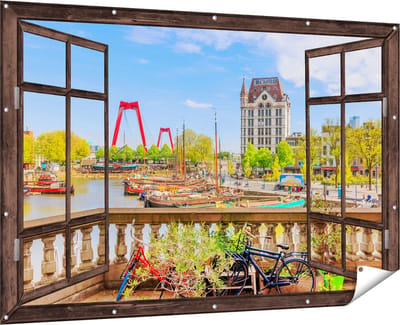 Gards Tuinposter Doorkijk Kleurrijke Oude Haven in Rotterdam - 180x120 cm - Tuindoek - Tuindecoratie - Wanddecoratie buiten - Tuinschilderij