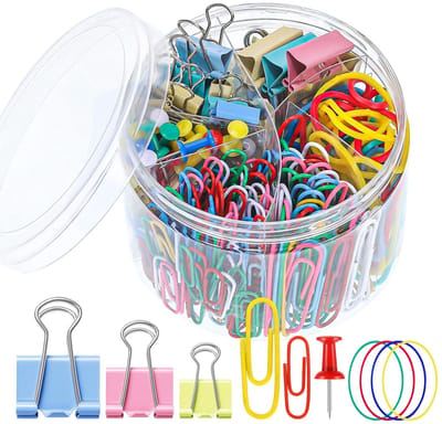 Dailygoods - Set van 350 paperclips, nietjes in verschillende maten, gekleurde kantoorclips, foldback-klemmen, elastiekjes, punaises voor kantoor, school