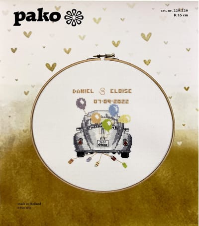 Pako Borduurpakket- Huwelijk- tel patroon met codekaart - Just married - 228.226 - voorgesorteerd garen- Aida - 25 cm Rond - DIY kit