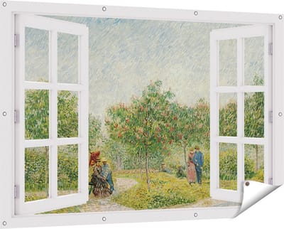 Gards Tuinposter Doorkijk Tuin met Geliefden - Vincent van Gogh - 150x100 cm - Tuindoek - Tuindecoratie - Wanddecoratie buiten - Tuinschilderij