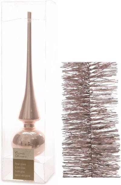 Kerstversiering glazen piek glans 26 cm en folieslingers pakket lichtroze van 3x stuks - Kerstboomversiering