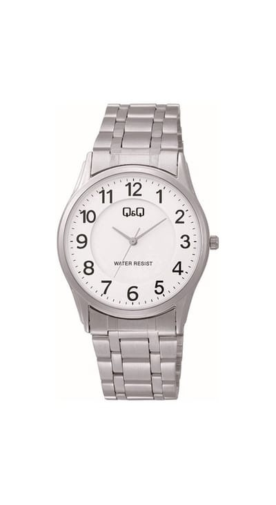 Q&Q C45A-002PY - Horloge - Analoog - Mannen - Heren - Stalen band - Rond - Metaal - Cijfers - Zilverkleurig - Wit - 3 ATM