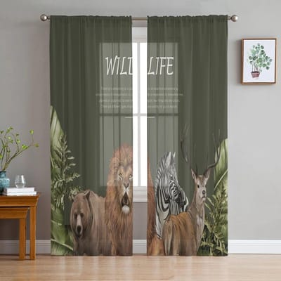 Dier Groen Blad Tropisch Tule Gordijnen voor Slaapkamer Hal Woonkamer Decor Chiffon Gordijn voor Balkon Keuken Huis Gordijnen 135W x 114H(cm) gray
