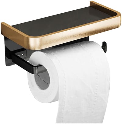 Ynkkvre - Toiletrolhouder - wandhouder met plank - zelfklevend en zonder boren - staal en kunststof - zwart-gouden afwerking - ideaal voor badkameropslag en eenvoudige installatie