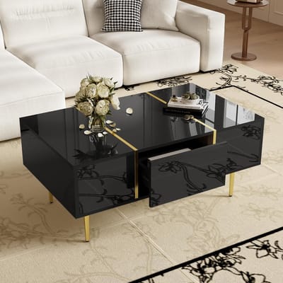 Hoogglans salontafel - Moderne bijzettafel - Woonkamer opbergruimte - Goudkleurige accenten - 100 x 60 cm - Zwart