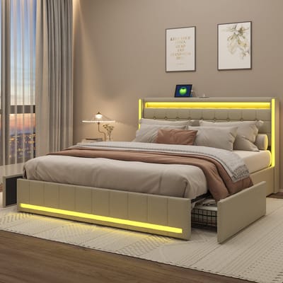 Tweepersoonsbed - 180x200cm - met 4 lades - Gestoffeerd bed met USB- en LED-aansluitingen - Tienerbed met opbergruimte - Beige - Matras niet inbegrepen