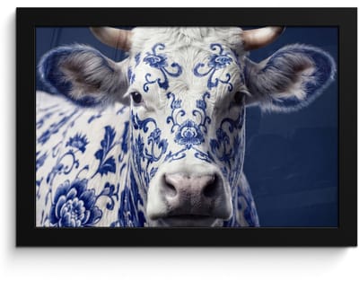 Poster in lijst - Fotolijst 30x20 cm - Posters - Koe - Delfts - Blauw - Artistiek - Posterlijst zwart - Decoratie - Wanddecoratie woonkamer - Muurdecoratie slaapkamer