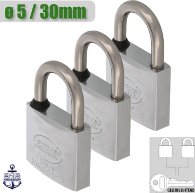 AMIG Klein Gelijksluitend Hangslot 3 Stuks - Ø5mm / 30x52mm Sloten Set - Zeewater Bestendig - Marine Kwaliteit - Eén Sleutel Systeem