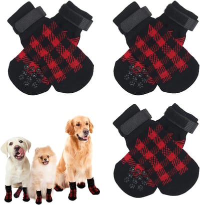 Antislip hondensokken, 6 stuks, antislip sokken voor honden met verstelbare riem, huisdierpootbescherming voor binnen, op hardhouten vloer (L, rood geruit)