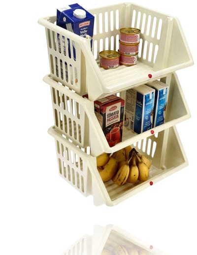 Groentemand 3 Stuks Crème – Stapelbare Opbergmanden voor Groente en Fruit – Mandenrek Keuken – Aardappel Uien Mand – Fruitmand Voorraadkast Organizer
