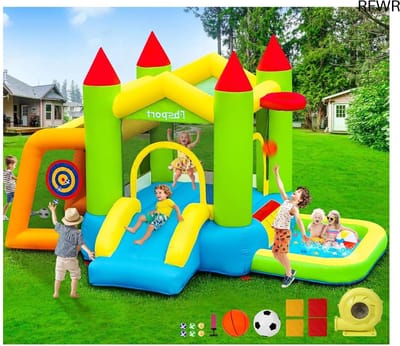 RFWR® Opblaasbaar Springkasteel voor Kinderen met Glijbaan en Verschillende Speelzones
