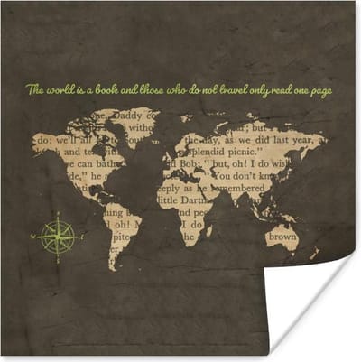 Poster 30x30 cm - Wereldkaart - Letters - Windroos - Posters - Kamer decoratie - Wanddecoratie woonkamer - Muurdecoratie slaapkamer
