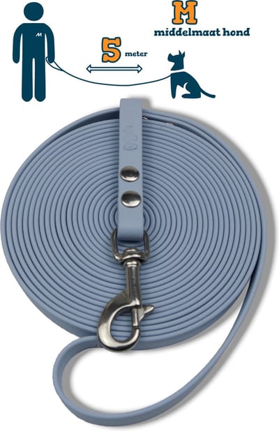 Miqdi lange lijn - BioThane ® - pastel blauw - 5 meter lang - 13 mm breed - M - middelmaat hond - lange hondenriem