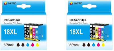 INKFIND 18XL inktcartridge voor Epson 18XL T1811 T1812 T1813 T1814 T1815 inktcartridge multipack 10 stuks (2*5pack = Zwart x 4, Cyaan x 2, Magenta x 2, Geel x 2)