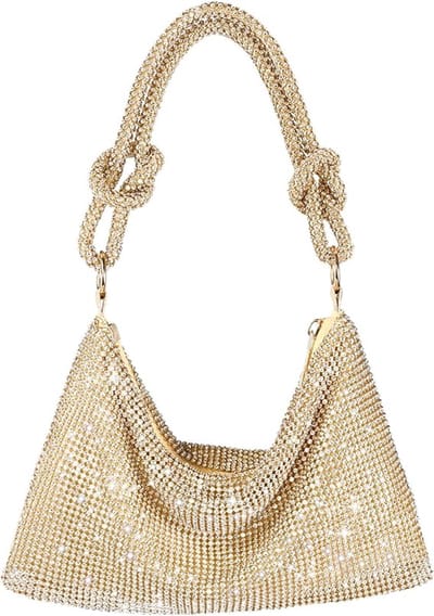 Dames Avondtas Met Strass - Handtas - 25x16cm Glitter Clutch - Voor Feest & Trouw - Met Ajusteerbare Schouderband - Incl. Binnenvak - Goud
