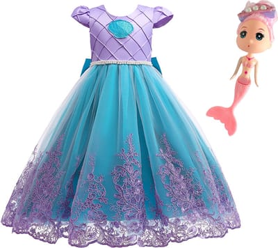 La Señorita Zeemeermin jurk Prinsessen jurk Luxe met kant + popje - Maat 140/146 (150) verkleedjurk meisje verkleedkleding - verjaardag - speelgoed