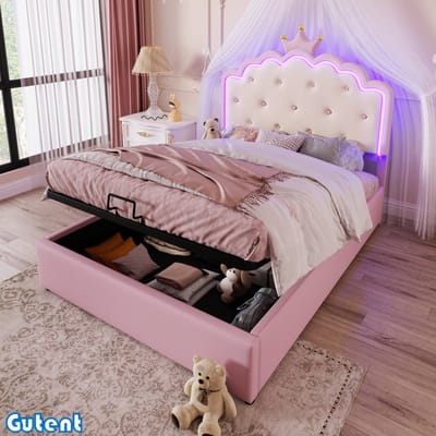 Gutent Kinderbed-140 x 200 cm-Geen matras-Accentverlichting-Kroonprinses-Hydraulische opbergruimte-PU materiaal-Roze