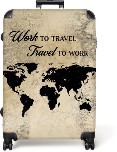 NoBoringSuitcases.com® - Koffer groot - Reiskoffer lichtgewicht - Wereldkaart - 'Work to travel, travel to work' - Spreuken - Vintage - Rolkoffer met 4 wielen - Grote trolley XL - 98 liter bagage