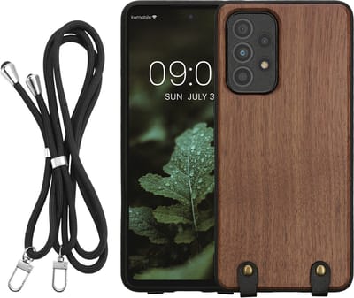 kwmobile Houten telefoonhoes met koord geschikt voor Samsung Galaxy A53 5G Hoesje - Houten hoesje met telefoonkoord - donkerbruin