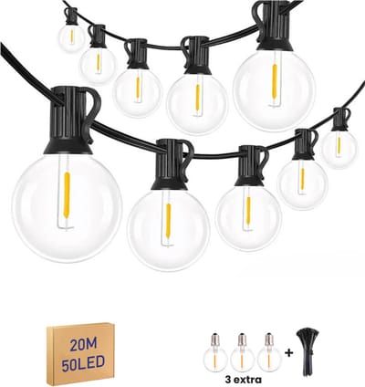 Kaëru® Buiten lichtsnoer – Sfeerverlichting – LED waterdicht lichtslinger – 20 meter – 50 warmwitte lampen + 3 reserve – IP44 waterdicht – Tuinverlichting buiten lichtsnoeren – Feestverlichting