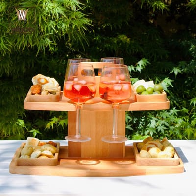 Draagbaar Aperitief Dienblad met Dubbele Plank en Bekerhouders van 100% Beukenhout