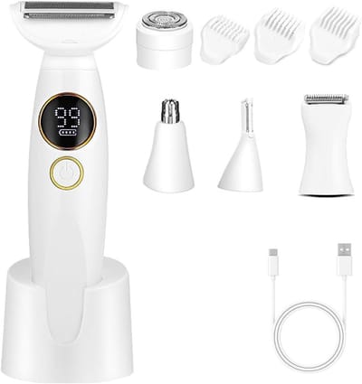 Scheerapparaat voor dames, 5-in-1 intiem scheerapparaat voor vrouwen, gezichtsontharing voor vrouwen, elektrisch scheerapparaat voor vrouwen met USB-oplaadstation, IPX7 waterdicht voor lichaam, oksels, bikinilijn, wenkbrauwen en neus