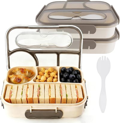 VHV - Lunchbox - Bento box - Lunchbox met vakjes - Set van 2 - Met 4 vakken - Lekvrij - Vaatwasserbestendig - Inclusief lepel - Voor werk en school - 23*17*5cm - Grijs