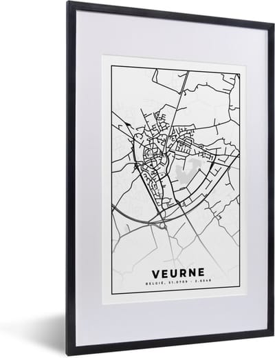 Fotolijst incl. Poster Zwart Wit- België – Veurne – Stadskaart – Kaart – Zwart Wit – Plattegrond - 40x60 cm - Posterlijst