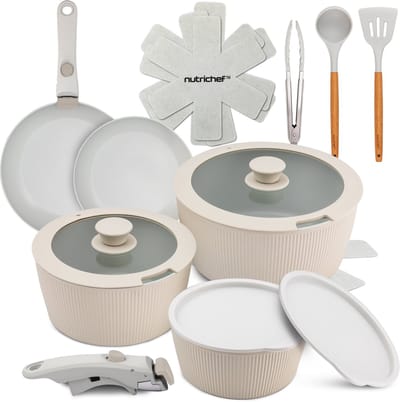 NutriChef 18-delige Pannenset Inductie - Anti-aanbak Pannen en Potten Keramische Kookgerei Set met Afneembare Handgrepen - PTFE- Oven- en Fornuisbestendig - Inclusief Keukengerei, Crème