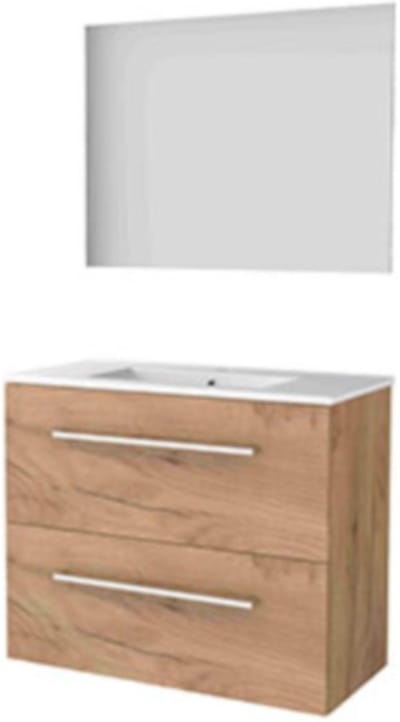 Basic-Line Ultimate 39 Badkamermeubelset - Ondiep - 80 x 39 cm - Met Grepen - 2 Lades - Keramische Wastafel - 1 Kraangat - Spiegel met Indirecte LED Verlichting - Whisky Oak