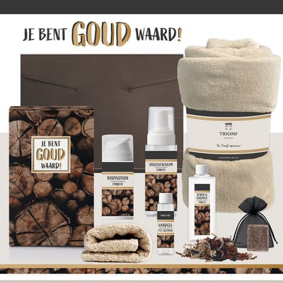 Geschenkset "Je bent goud waard!" - 7 Producten - 1400 Gram - Triomf Cosmetica | Cadeau Man Luxe Cadeaubox voor hem Cadeaupakket Fleece deken Bedankt Cadeau Kerst Verjaardag Vaderdag Vrijwilliger Vriend Collega Vader Trainer Kerstpakket Crème