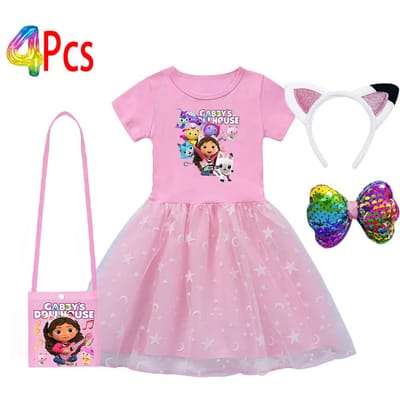 Robe Fille Manches Courtes La Maison Magique de Gabby Princesse Gabby Chat Jupe Tutu en Maille Fête d'Anniversaire Enfant Robe Déguisement Costume 140(9-10Years) pink