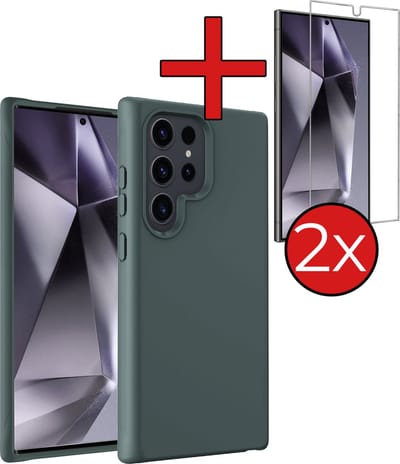 Hoesje - Met 2x Screenprotector - Geschikt voor Samsung Galaxy S24 Ultra - Sterk & Shockproof - Telefoon Hoes - Back Cover - Siliconen Case - Telefoonhoes - Donkergroen