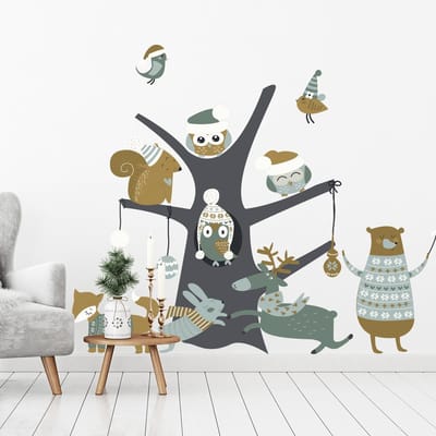 Kerststicker: De magische boom van bosdieren - Kerststickers - Feestelijke decoraties - 100x150cm
