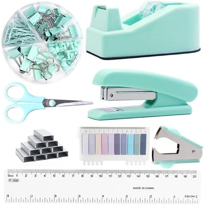 KZQ Groene kantoorset - Bureauaccessoires met perforator plakbandhouder schaar paperclips spijkers en liniaal - Complete set voor thuis en kantoor - Cadeau voor studenten en professionals