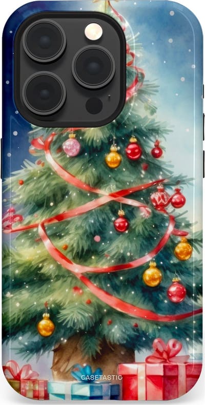 Casetastic hoesje geschikt voor Apple iPhone 15 Pro - MagSafe - Dubbellaagse bescherming - Aquarel Kerstboom Cadeau - Fashion Case - Grijs Donkerblauw Saliegroen Beige