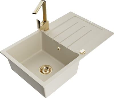 Mexen Bruno granieten gootsteen 1-komorige met afdruiprek en keukenmengkraan Rita, beige - 6513-69-670300-50
