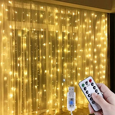LED lichtgordijn 3m x 3m met 300 LED warm wit voor decoratie met afstandsbediening en USB-aansluiting