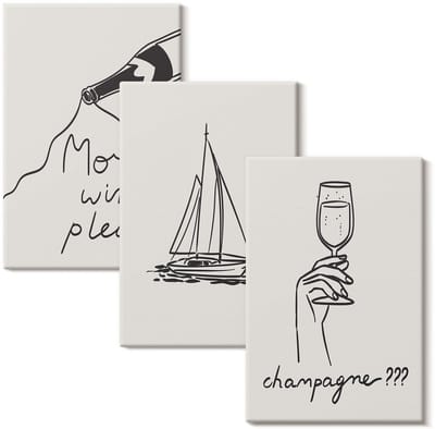 Wallfluent Set van canvas schilderijen - Wijn zeilboot champagne glas lineaire stijl Canvas Schilderijen Set - set 3 stuks 20x30 cm - Romig Set van Canvas Prints - Voedsel Canvas Kunst Set - Boheemse Canvas Kunst Set