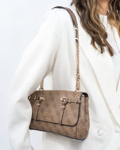 GUESS schoudertas Leona Logo Convertible Xbody Flap Latte Logo Lichtbruin