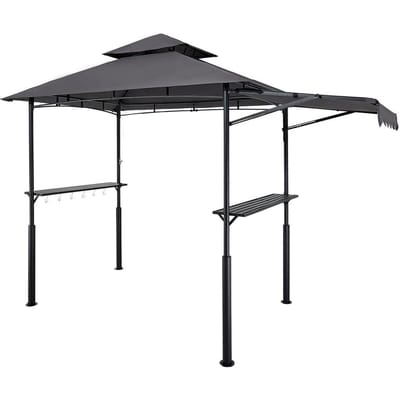 Grillpaviljoen, 2,43 x 1,5 m Dubbel Gelaagd Dak, Versterkt BBQ Paviljoen met Extra Luifel, Poedergecoat Stalen Terras Grill Overkapping met 2 Zijplanken &