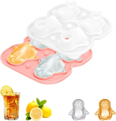 VHV-Pinguïn Ijsblokjesvorm - Grote Ijsblokjesmaker van Siliconen met Deksel - Luxe Ijsblokjeshouder voor Whiskey, Cocktail, Ijsthee en Fruit - Herbruikbare Siliconen Ijsvorm - Roze